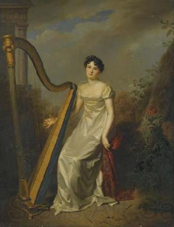 Firmin Massot Portrait of a lady, wearing a white dress and seated beside a harp a landscape beyond Norge oil painting art
